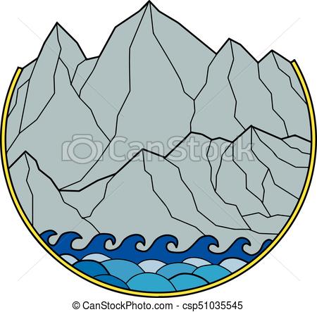 450x443 rugged mountain range waves circle monoline mono line style