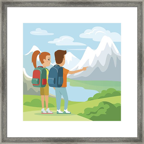 600x600 Flat Couple With Backpacks Enjoying Nature Mountain View Vector