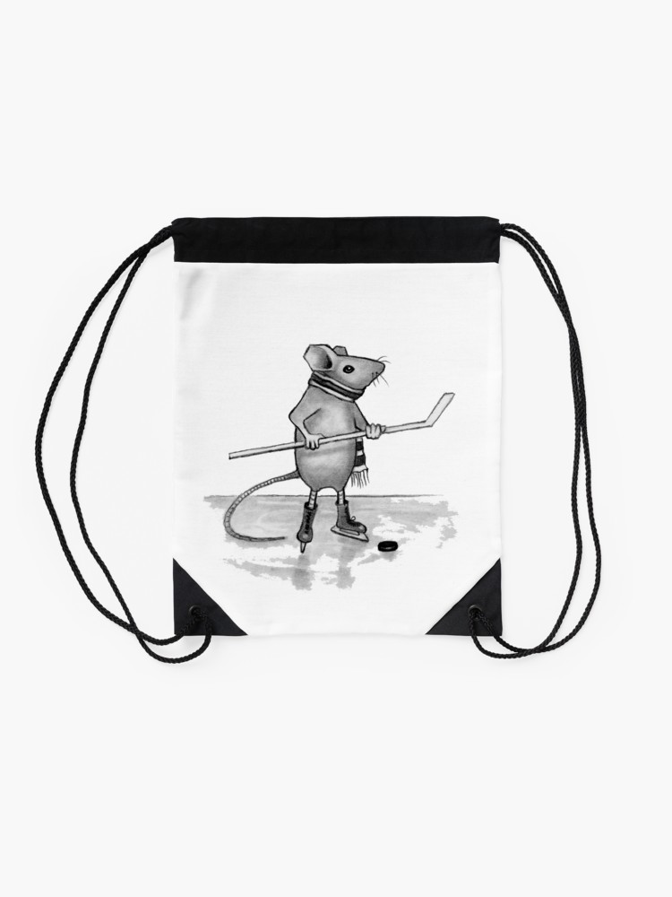 750x1000 Mouse Playing Hockey, Pencil Drawing Drawstring Bag