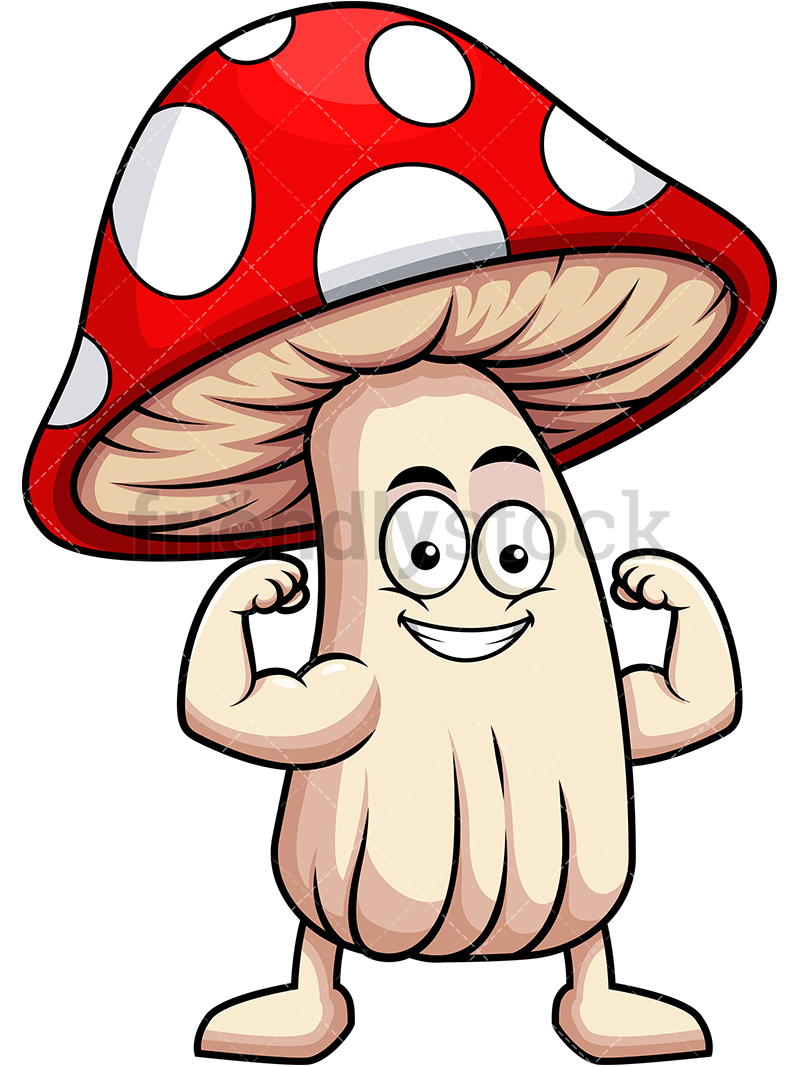 800x1067 Mushroom Mascot Flexing Muscles Cartoon Vector Clipart