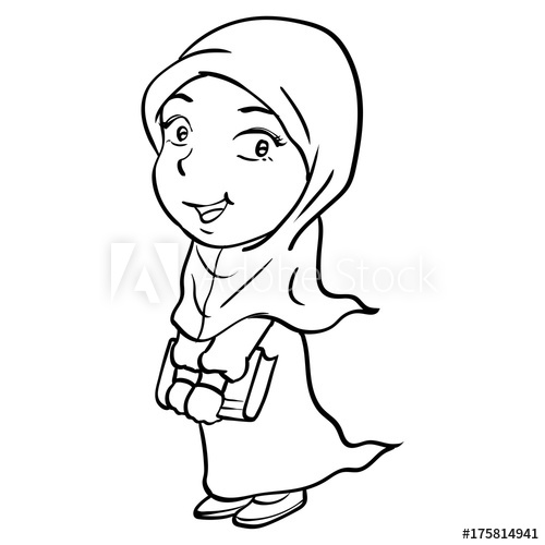 500x500 Cartoon Smiley Muslim Girl Holding Book Vector Drawn
