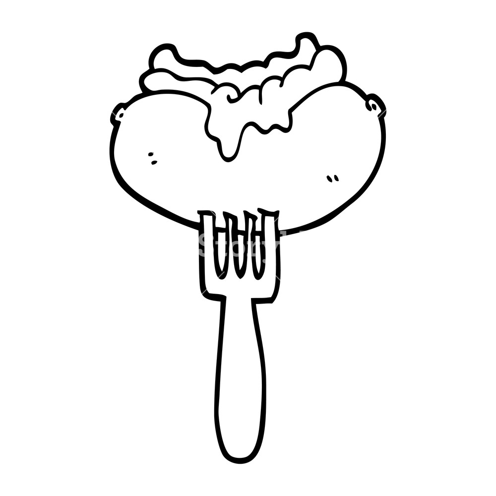 1000x1000 Black And White Cartoon Hotdog With Mustard And Ketchup On Fork