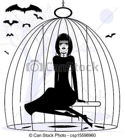 426x470 lady raven black and white mystical fantasy girl raven in a cage