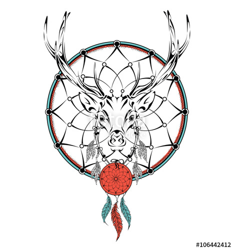 468x500 Deer Indian Warrior, Animal Hand Drawn Illustration, Native