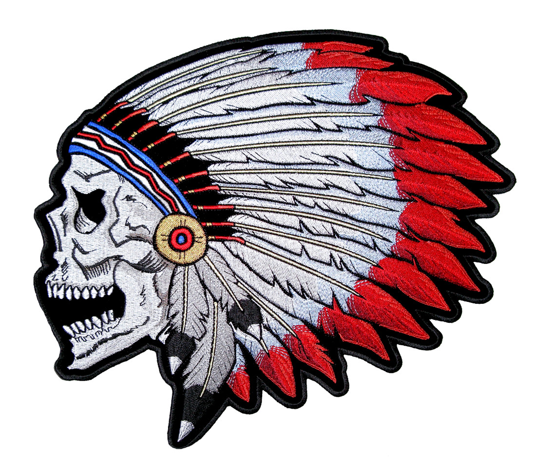 1100x966 Native American Indian Skull Headdress Embroidered Biker Patch