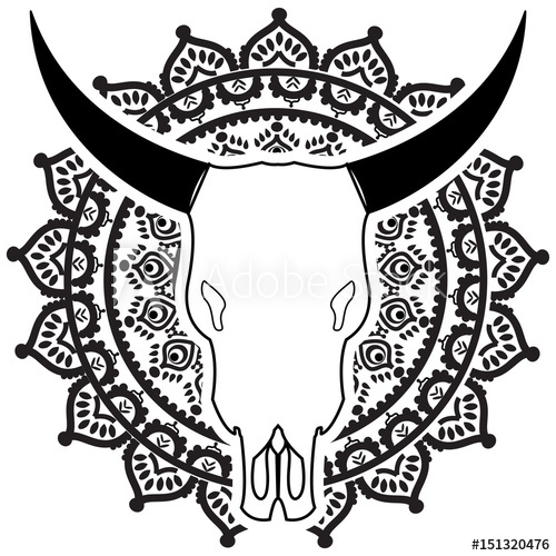 500x500 Wild Animal Skull In Black And White With Swirly Elements Inspired