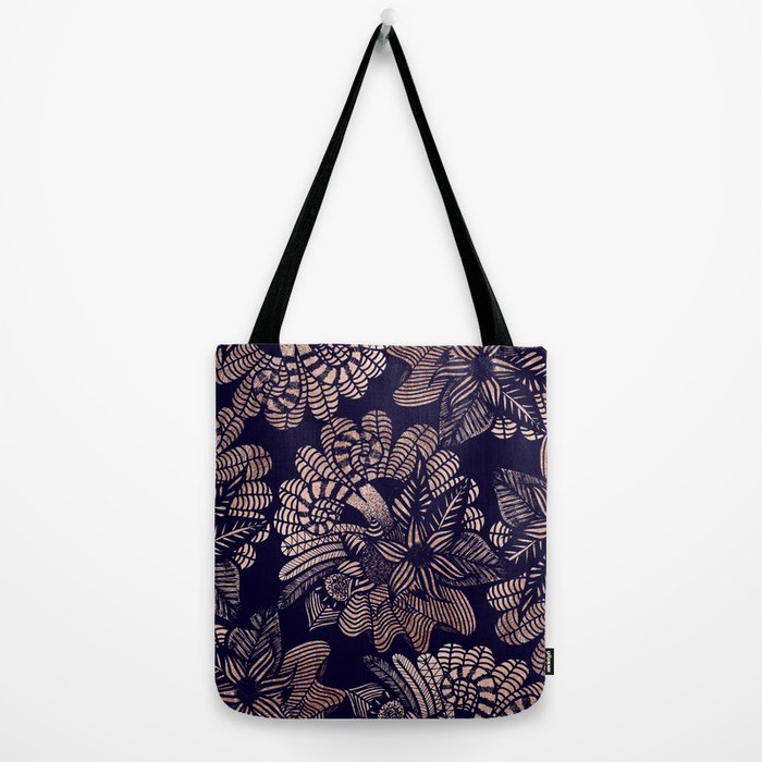700x700 Elegant Rose Gold Floral Drawings On Navy Blue Tote Bag