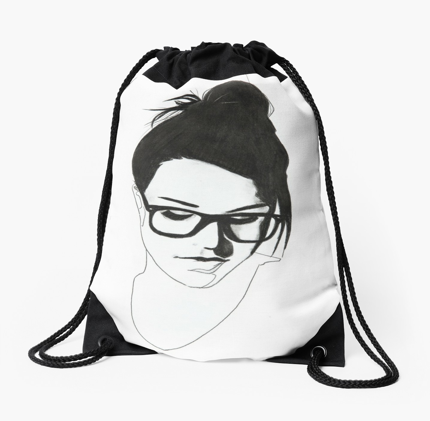 1435x1404 Nerdy Girl With Bun And Glasses Drawstring Bag