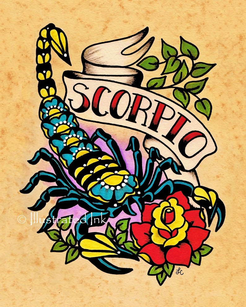 794x991 Zodiac Old School Tattoo Art Scorpio Scorpion Astrology Print Etsy