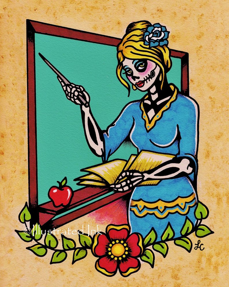 794x992 Day Of The Dead Teacher Old School Tattoo Art Print X X Etsy