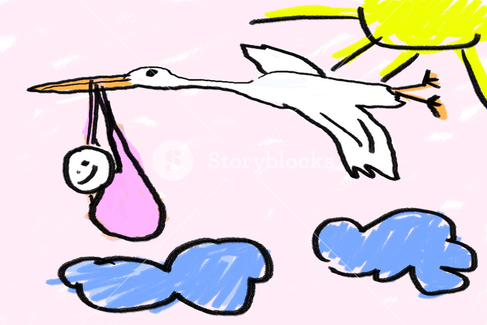 1000x667 A Childlike Drawing Of A Newborn Baby Girl And Stork Royalty Free