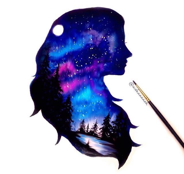 640x603 girl in the night shilouette creativity watercolor art, art