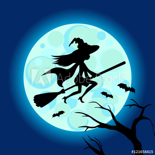 500x500 Halloween Illustration Of Mysterious Night Sky With Witch Fly