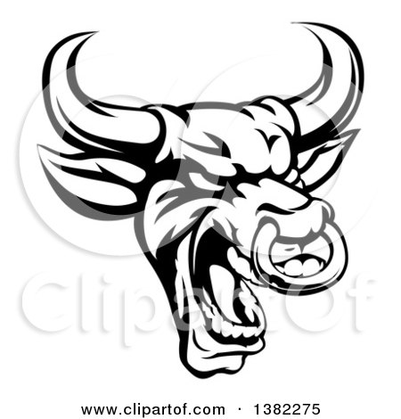 450x470 Clipart Of A Black And White Roaring Bull Mascot Head With A Nose