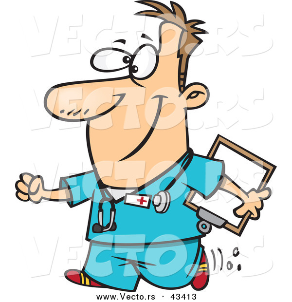 600x620 Vector Of A Happy Cartoon Male Nurse Walking With A Clipboard