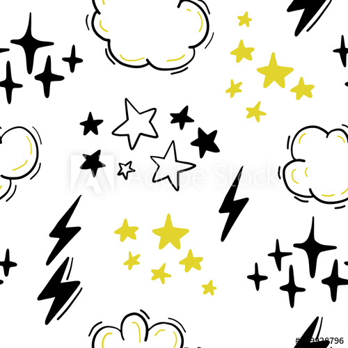 500x500 Vector Seamless Pattern With Stars, Clouds, Lightning In Hand