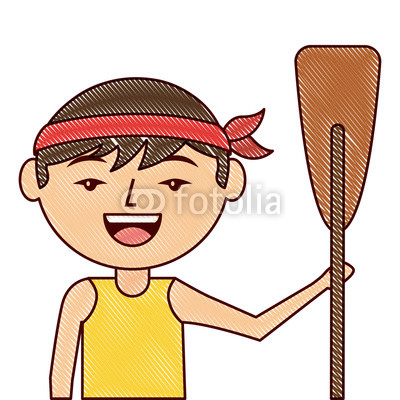 400x400 portrait cartoon man chinese with wooden oar vector illustration