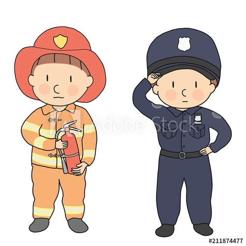 500x500 Vector Illustration Of City Professions, Firefighter Policeman