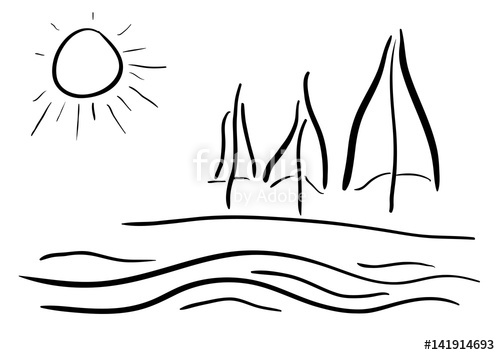 500x355 Drawing In Lines Ocean Or Sea Beach With Trees Stock Image