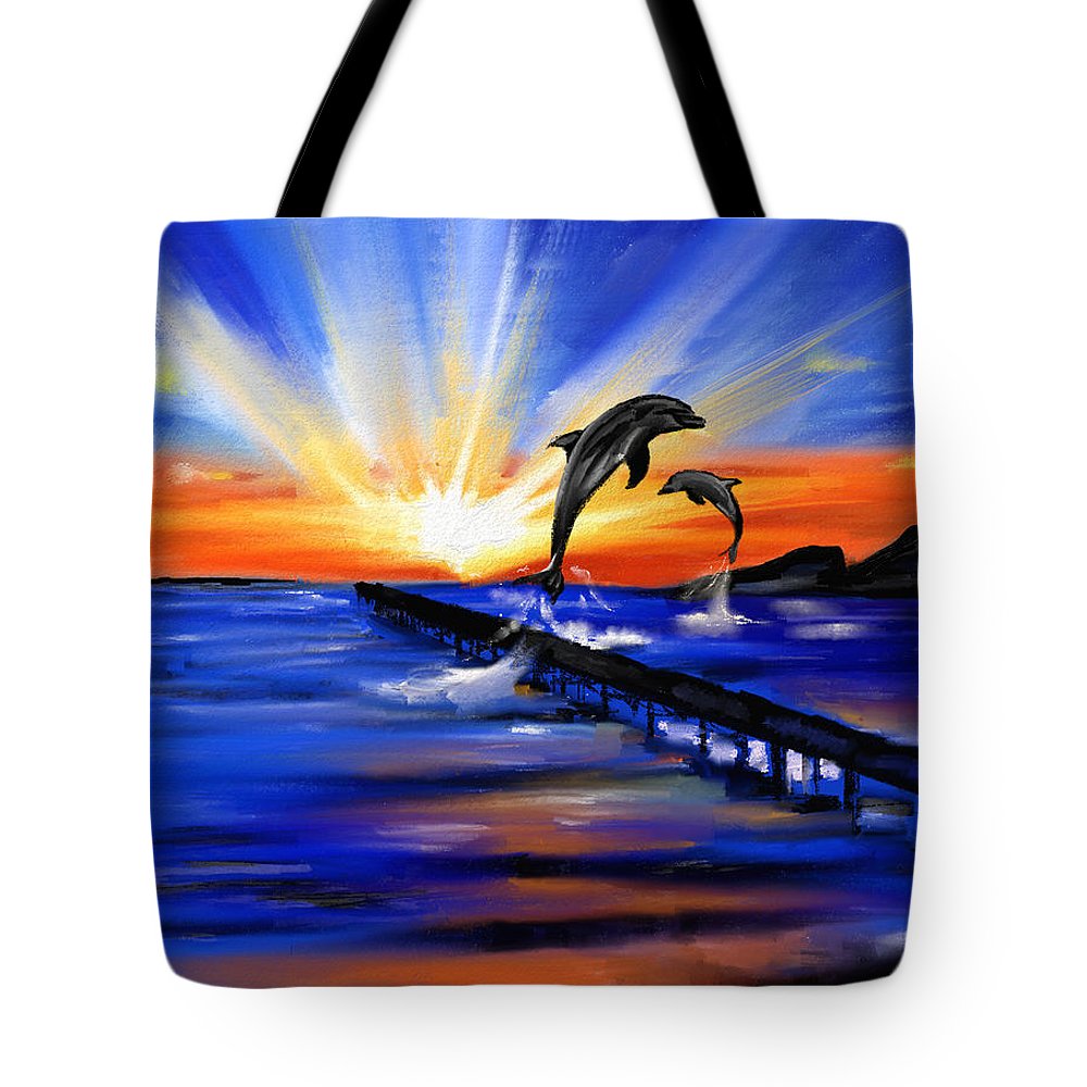1000x1000 Dolphin Sunset Tote Bag For Sale