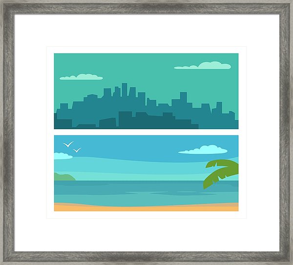 600x544 Panorama Night City, And Sunset Sea Vector Flat Horizontal Color