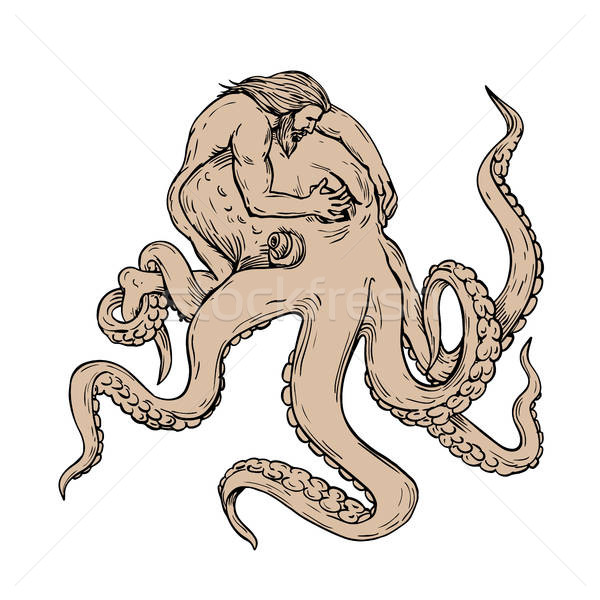 600x600 Hercules Fighting Giant Octopus Drawing Vector Illustration