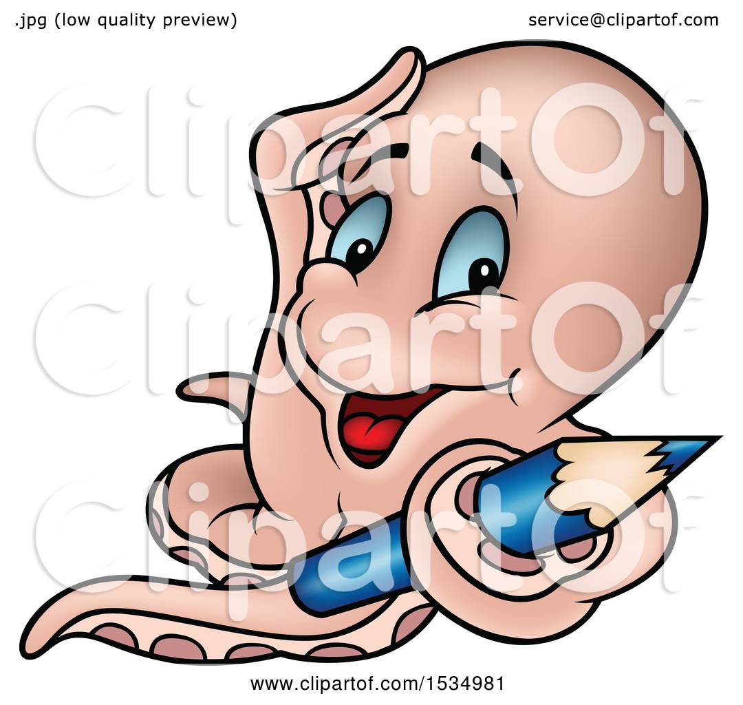 1080x1024 Clipart Of A Happy Octopus Holding A Blue Colored Pencil