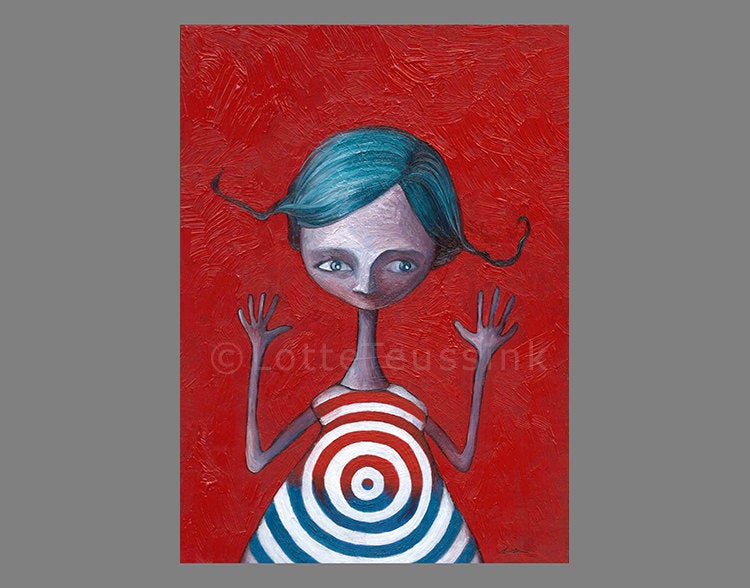 750x588 Original Ooak Red And Blue Oil Painting Of A Quirky Big Eyed Girl