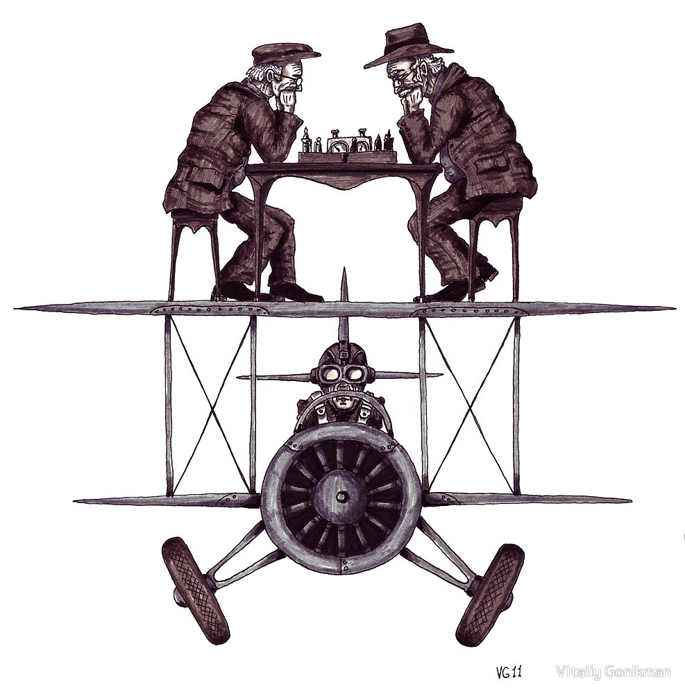987x1000 Chess Game On The Vintage Airplane Surreal Black And White Drawing