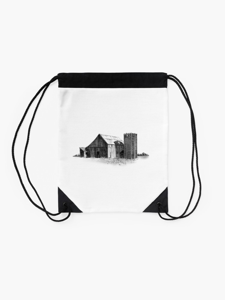 750x1000 old barn and wooden silo, pencil drawing, farm, country