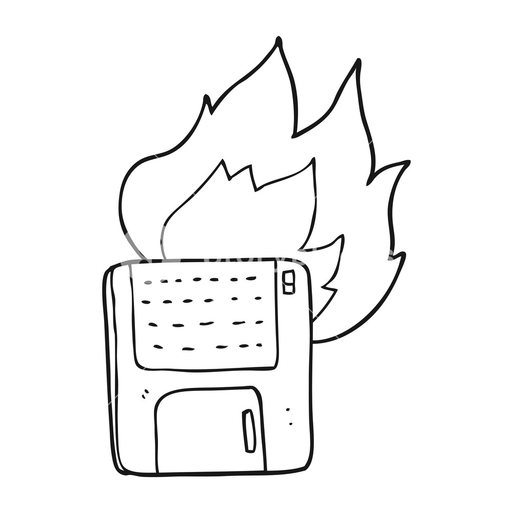 1000x1000 freehand drawn black and white cartoon old computer disk burning