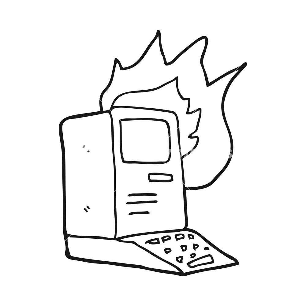 1000x1000 Freehand Drawn Black And White Cartoon Old Computer On Fire