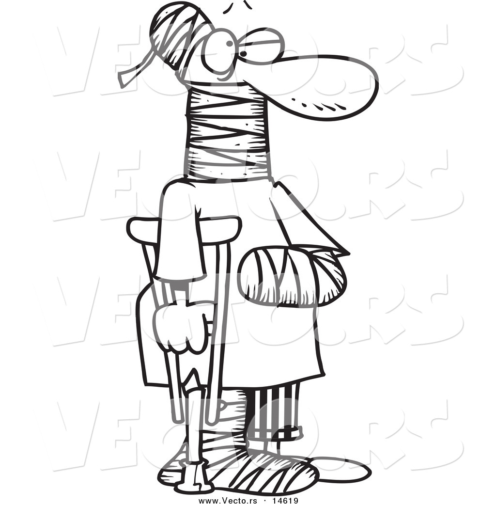 1024x1044 vector of a cartoon man using a crutch for traction