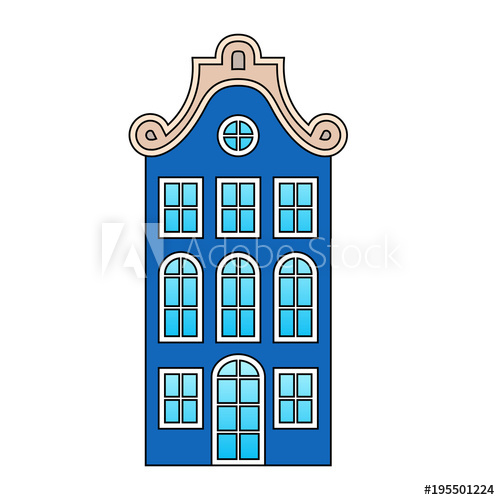 500x500 European House, Old Vintage Dark Blue Building, Beige Roof