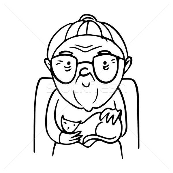600x600 Old Lady With Glasses Stroking A Cat Vector Isolated Contour