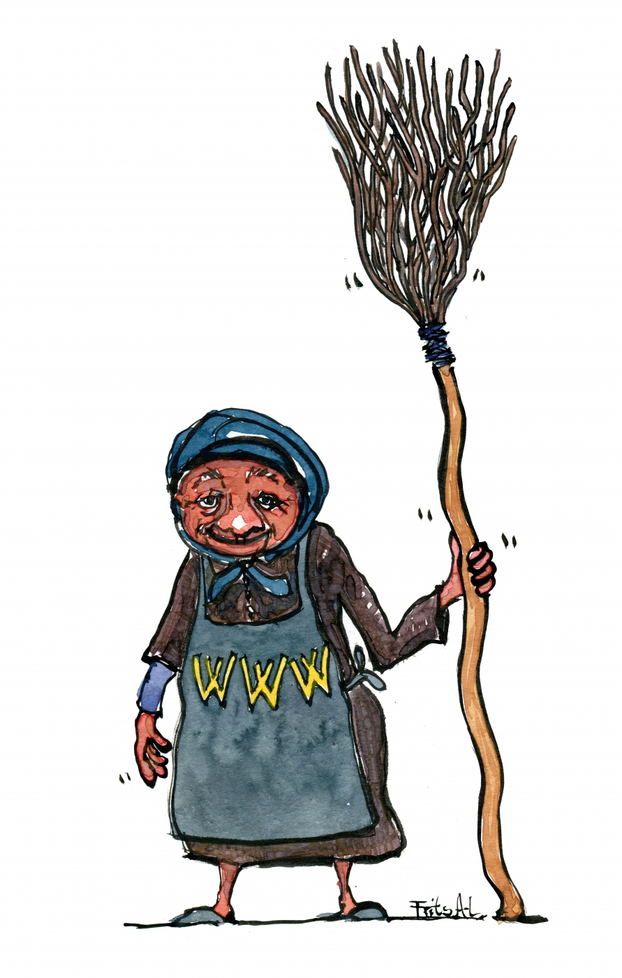 891x1400 Old Cleaning Lady Cleaning Up The Web Color Illustration