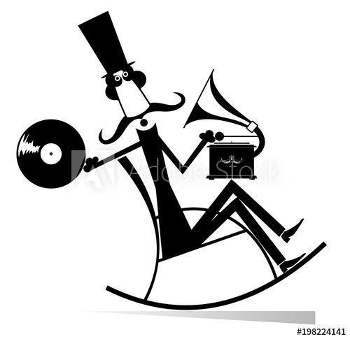 500x485 Man Rests In The Rocking Chair And Listens Music On Record Player