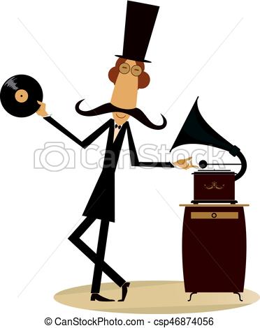 372x470 Mustached Man And Vintage Record Player Funny Mustached Man