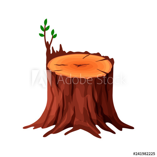 500x500 cartoon old tree stump with cracks and roots isolated on white