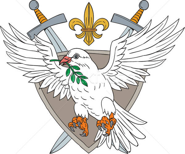 600x499 Dove Olive Leaf Sword Fleur De Lis Crest Drawing Vector