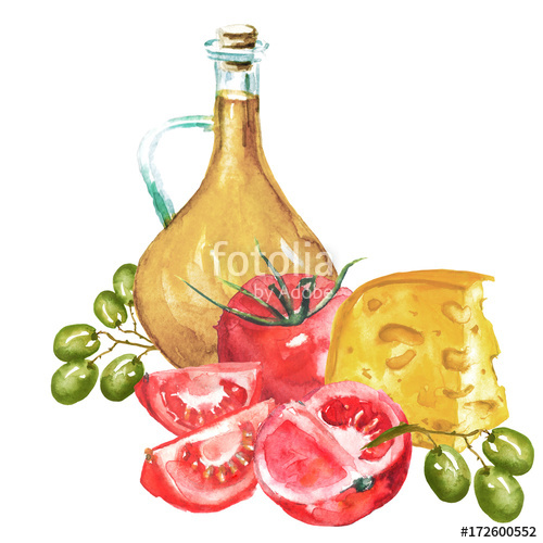 500x500 Watercolor Drawing, A Composition Of Olive Oil, Tomatoes, Branches