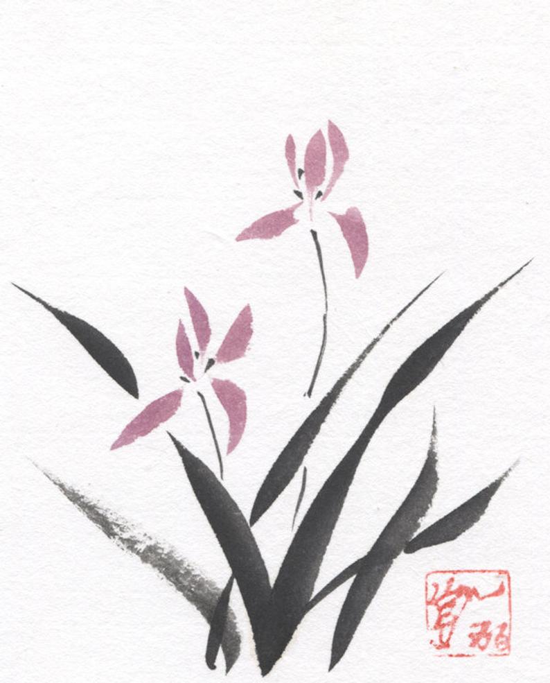 794x985 Chinese Brush Sumi E Grass Orchid Flower Original Watercolor Etsy