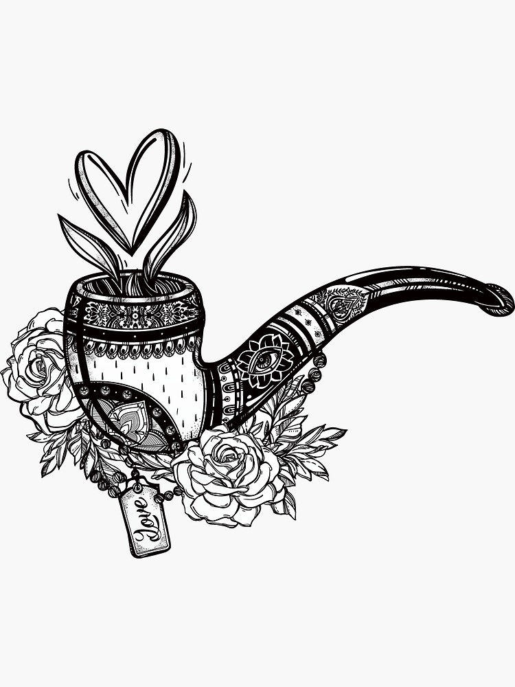 750x1000 tobacco pipe with heart and roses ornate pipe drawing sticker