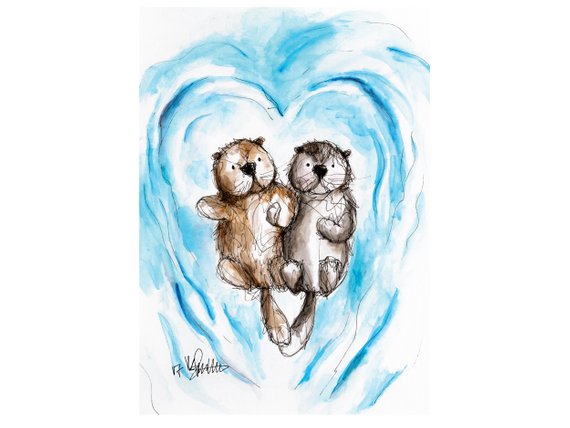 570x428 Otters Holding Hands Watercolor Painting Art Print Love Gift Etsy