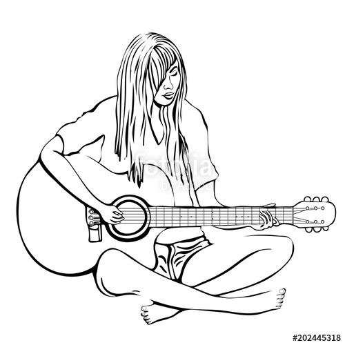 500x500 Girl With Guitar Outline Hand Drawing, Coloring, Vector Black