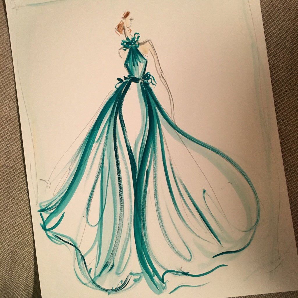 1024x1024 Sketch Of The Day Emerald Green Tulle Overlay Satin Gown Sketch