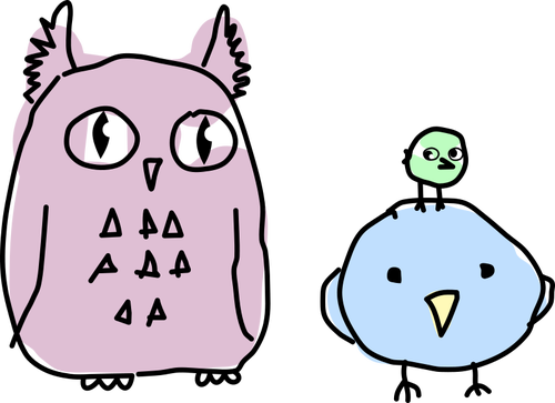 500x363 Owl And Two Birds Cartoon Drawing