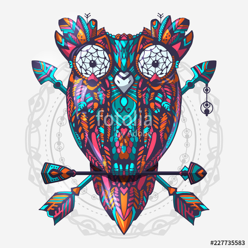 500x500 boho style colored owl with tribal arrows hand drawn style vector