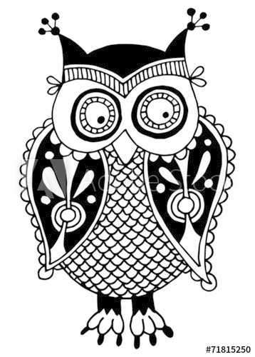 358x500 Original Artwork Of Owl, Ink Hand Drawing In Ethnic Style
