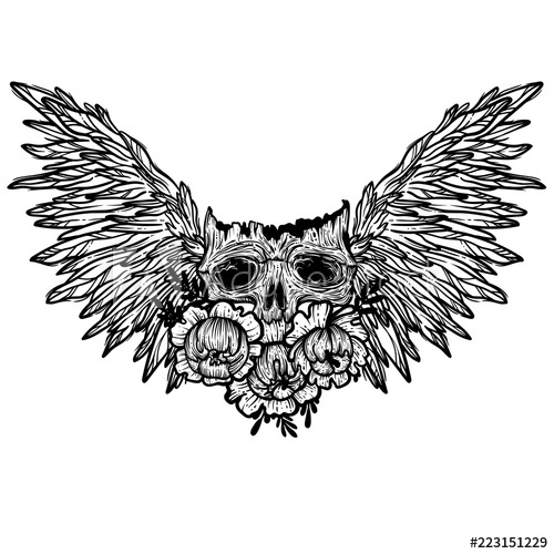 500x500 Vector Illustration With A Human Skull, Flowers And Wings Gothic